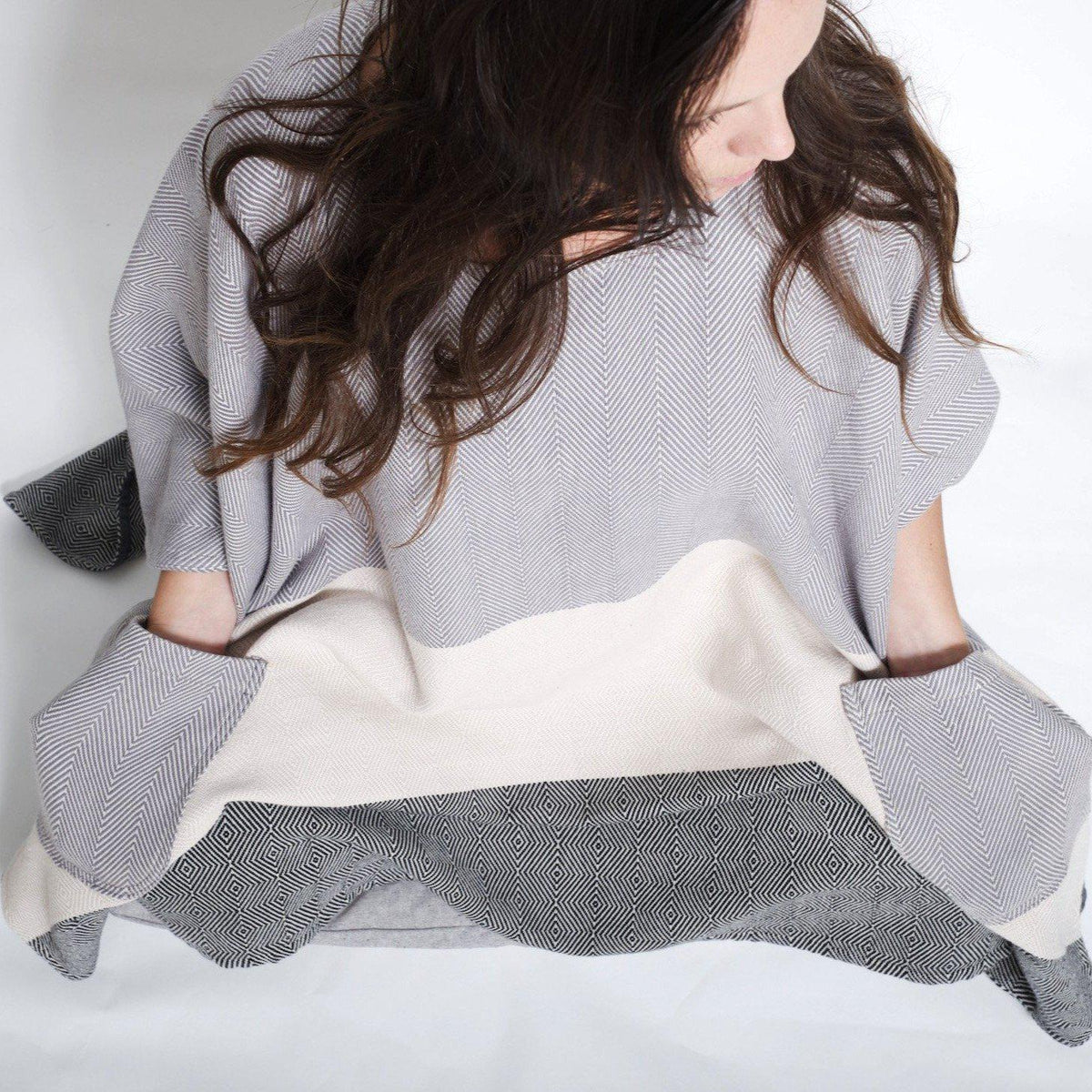 SALE* Meditation Blanket / Shawl - Grey Cream Charcoal Stripe